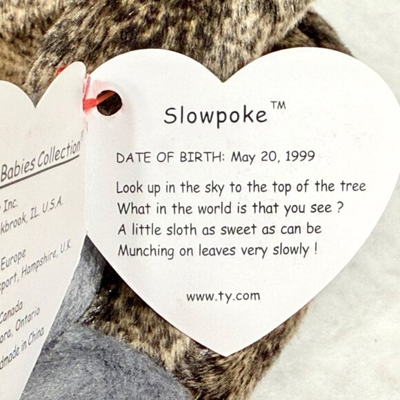Ty Beanie Babies Slowpoke Sloth Plush Toy w/All Tags and Heart Protector (1999) - Picture 5 of 9